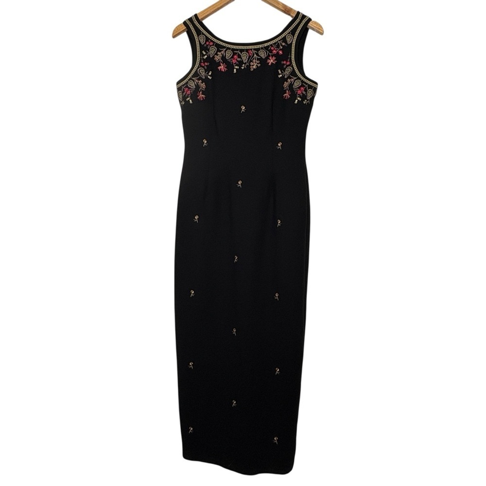 Vintage 90s Dress Black Floral Embroidered Maxi Sleeveless Size M - Picture 10 of 10